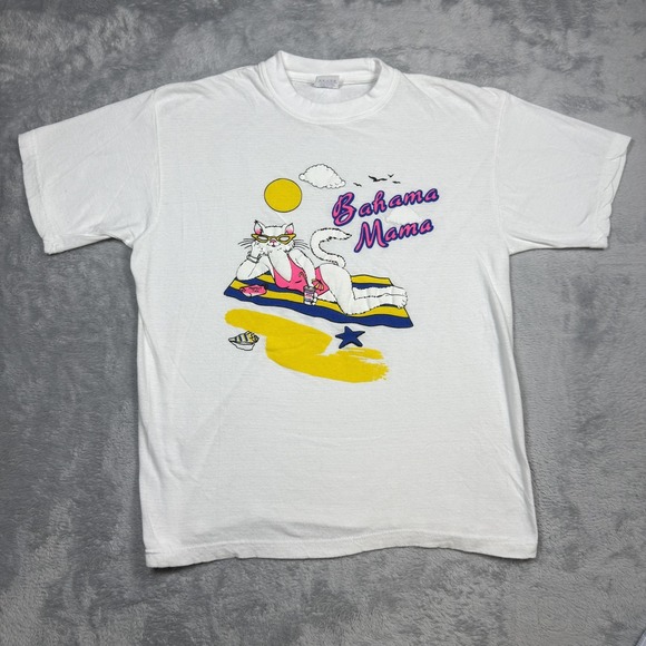 Dorsett Super Tee's Other - Vintage Bahama Mama Shirt Adult XL White Cat Graphic Dorsett Beach 90s REPAIR
